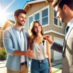 real estate agent handing a young couple the keys to their new house in san diego.